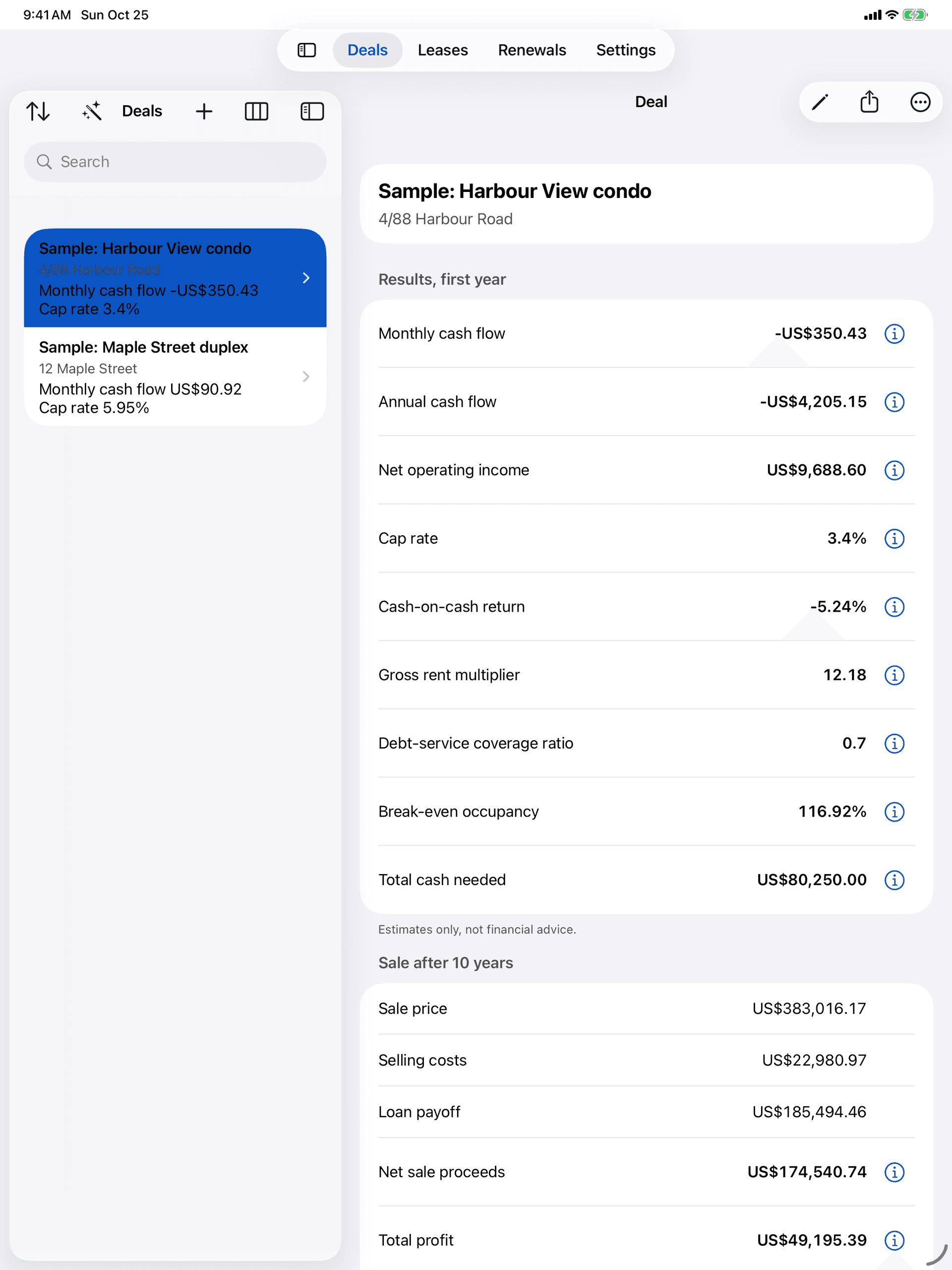 Letmark on iPad: See a rental's cash flow as you type